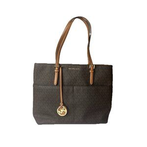 Michael Kors Large Bedford Pocket Signature Tote Leather Shoulder Bag - Brown